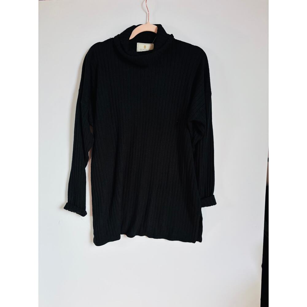 Vintage 90s Express Tricot Long Turtle Neck Sweater in Black Size Large